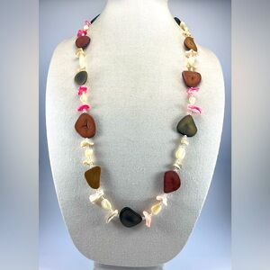 Beautiful Unsigned Tagua Nut Mother of Pearl Long Strand Boho Statement Necklace